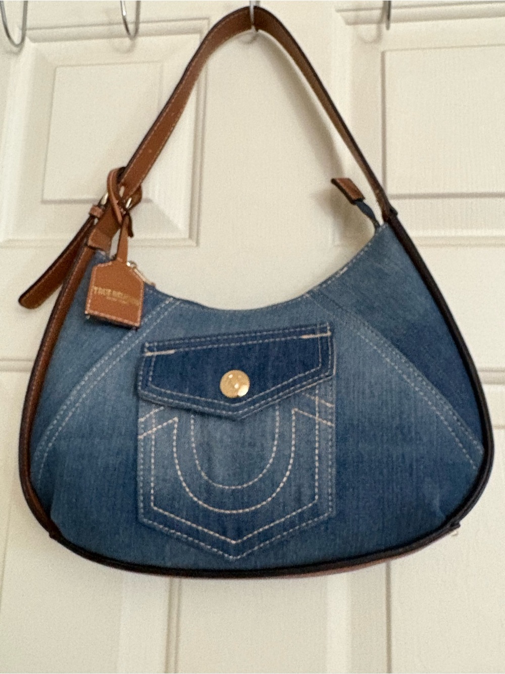 True Religion Blue Denim Shoulder Bag with Brown Trim